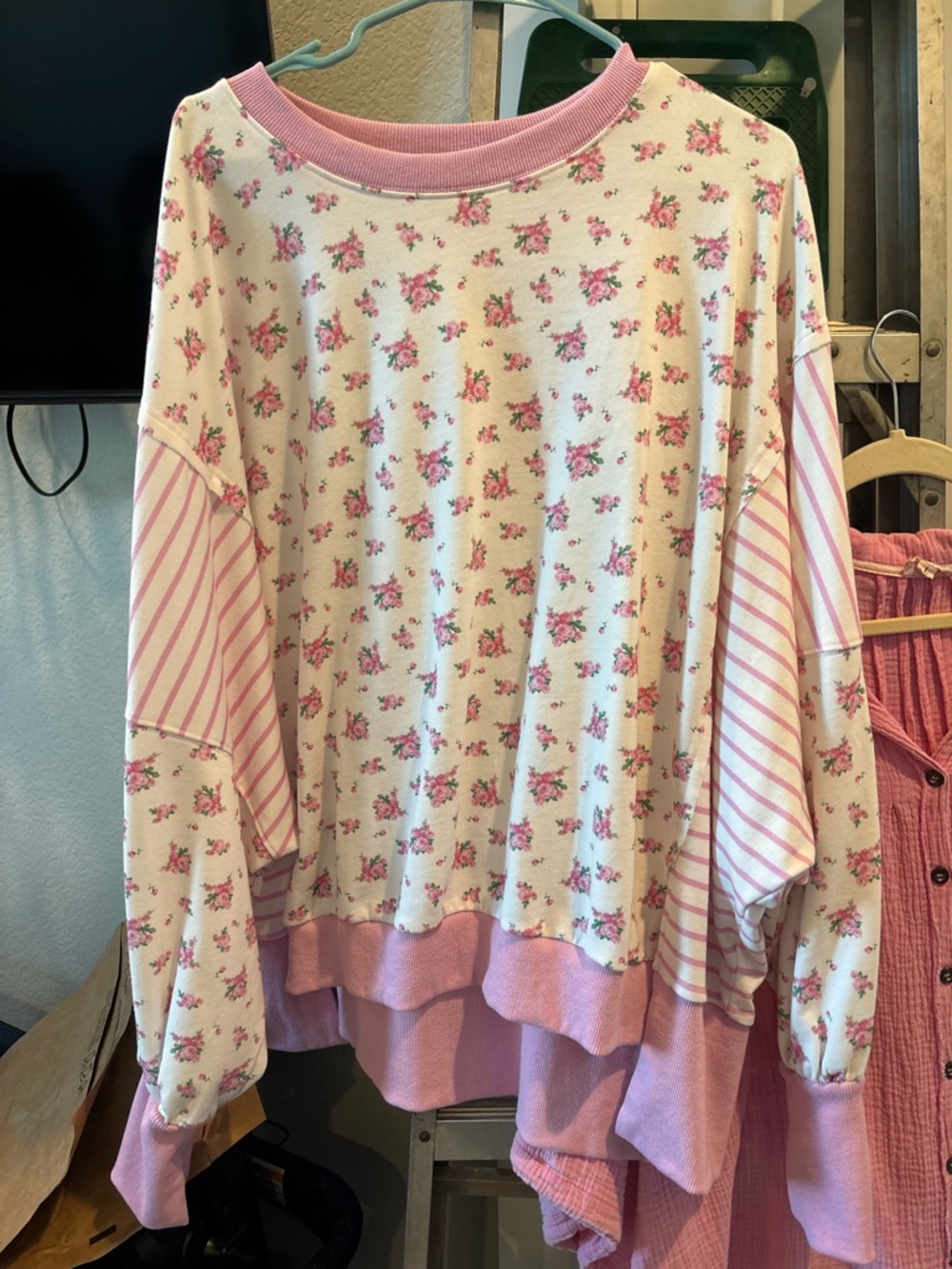 Pink Floral & Stripe Oversized Pullover